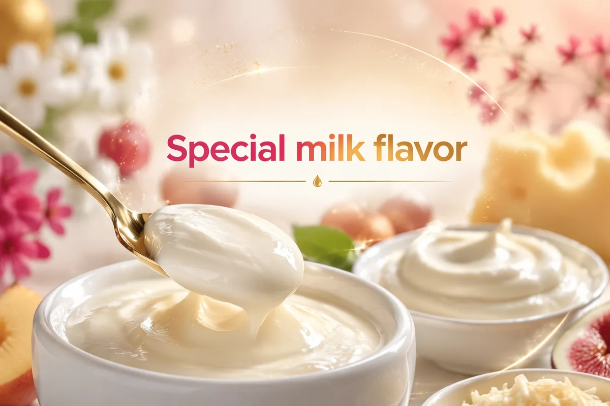 Spoonful of smooth creamy dairy base lifted from a white bowl, the kind of milky flavor base built from fat-containing whey streams